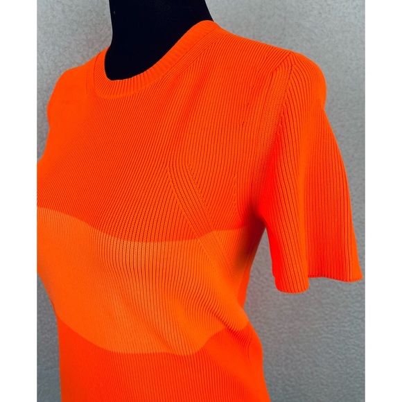 HELMUT LANG • Neon Orange Stripe Ribbed Knit Short Sleeve Tee - Picture 4 of 12